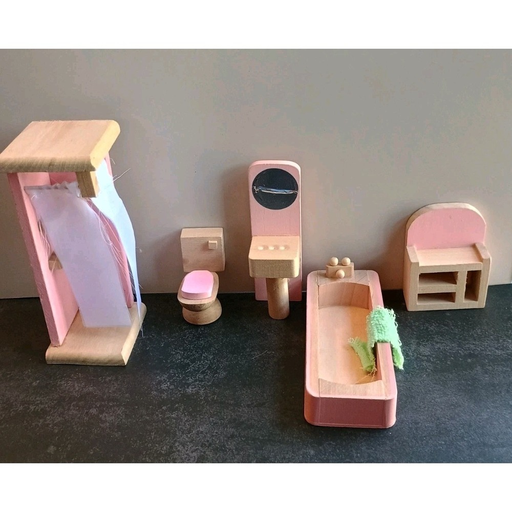 Wooden Kitchen‎ Bathroom Dollhouse Furniture, Pink & White 5 Pieces